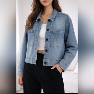 CORE Life Classic Streetwear, Medium Wash Frayed Denim Jean Jacket - S. Large